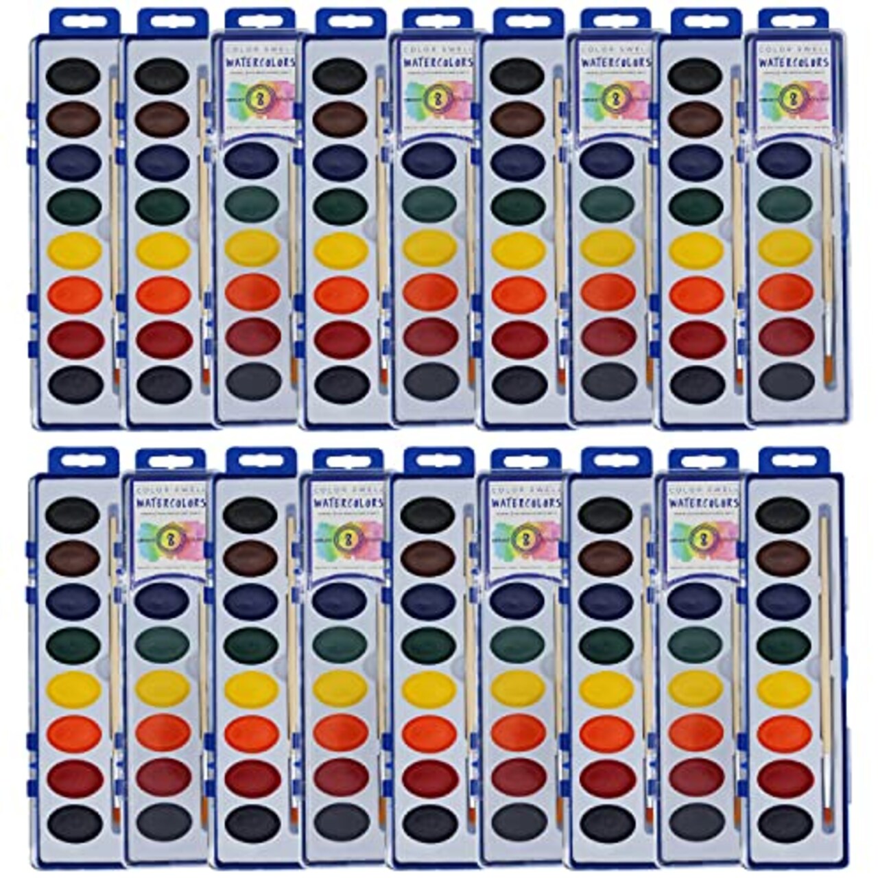 Bulk 18 Packs of Watercolor Paint with Wood Brushes 8 Washable Colors for Kids, Families, Classrooms, Parties, All Ages